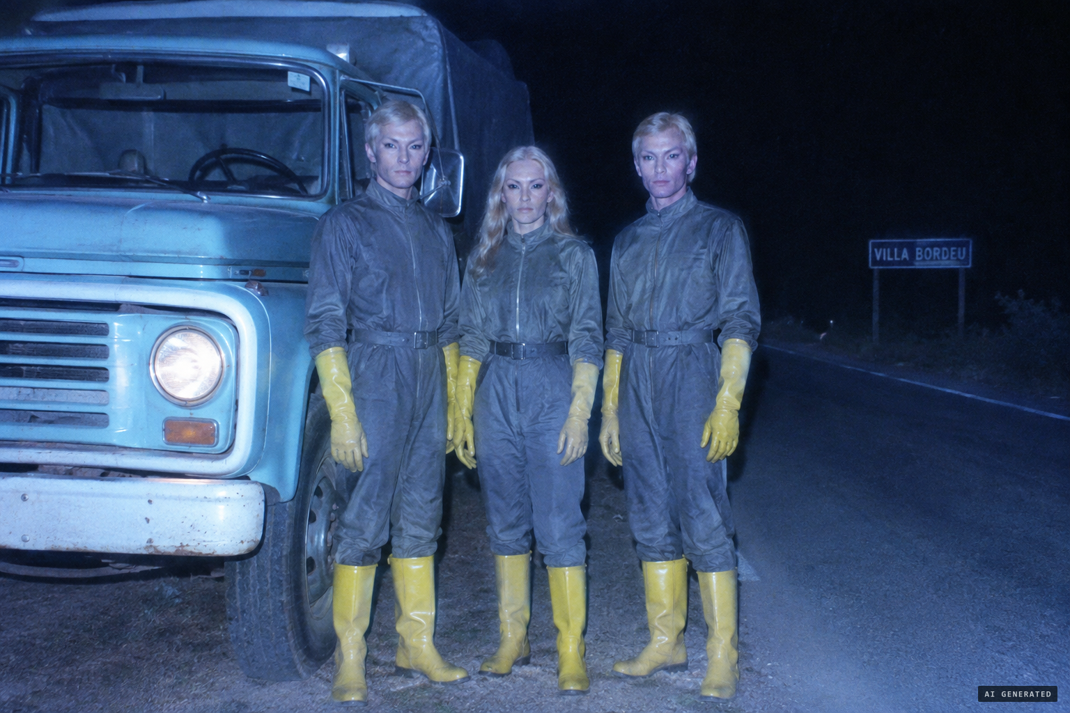 Three blond beings, two men and a woman, stand and look at Llanca