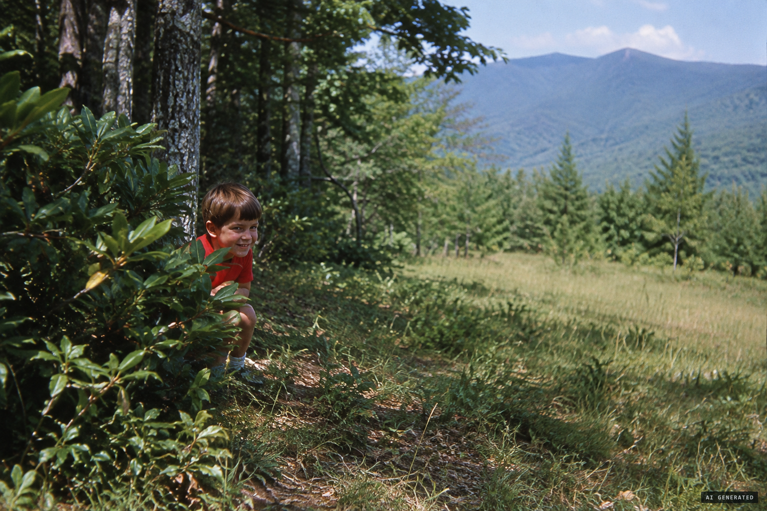 Dennis hides behind a bush, planning to surprise the adults