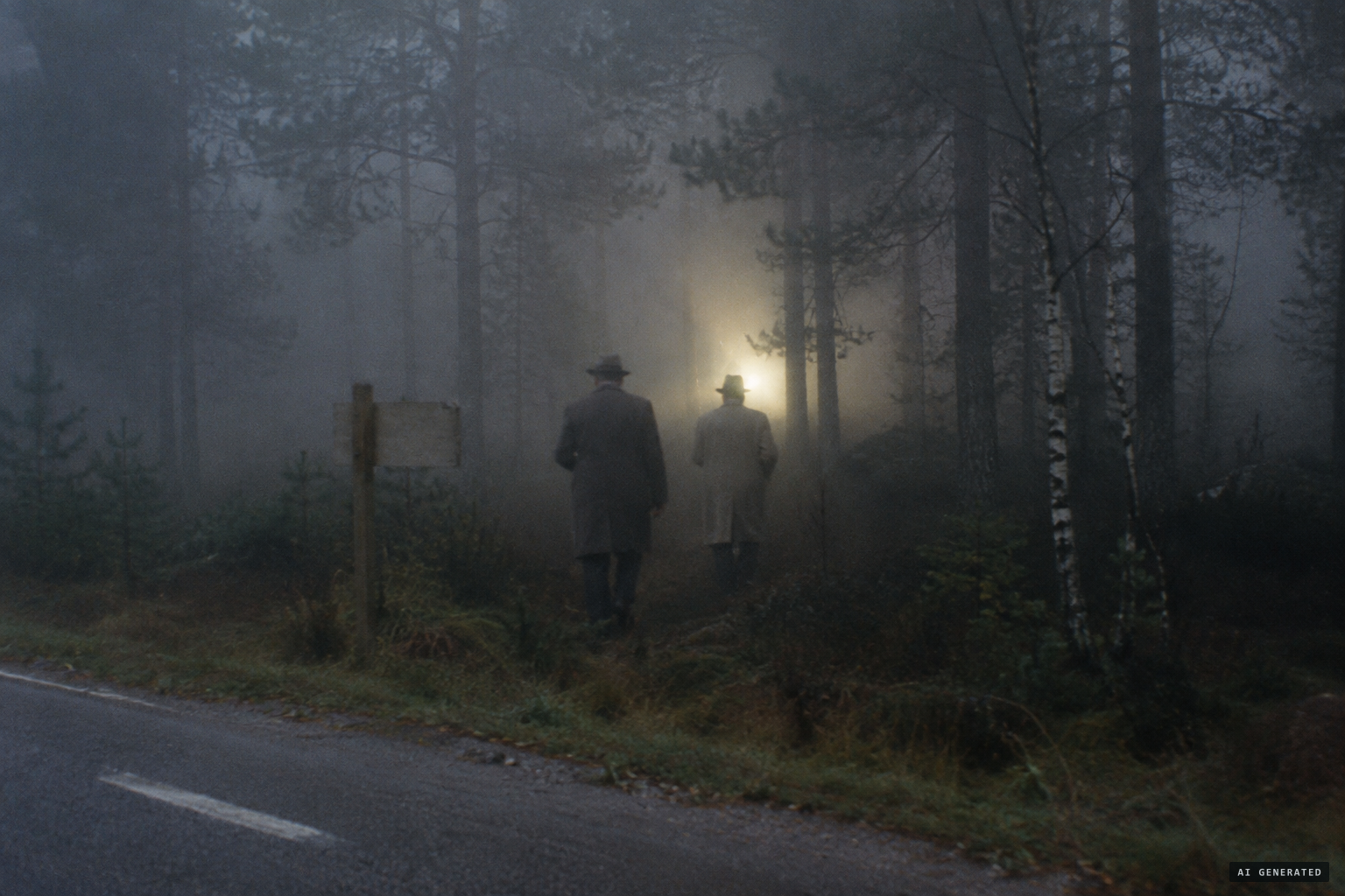 In heavy fog, the two men walk toward an odd glow among the trees