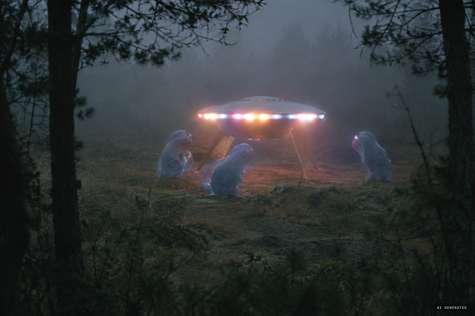 Limbless bluish-grey beings hop around the saucer like globs of jelly