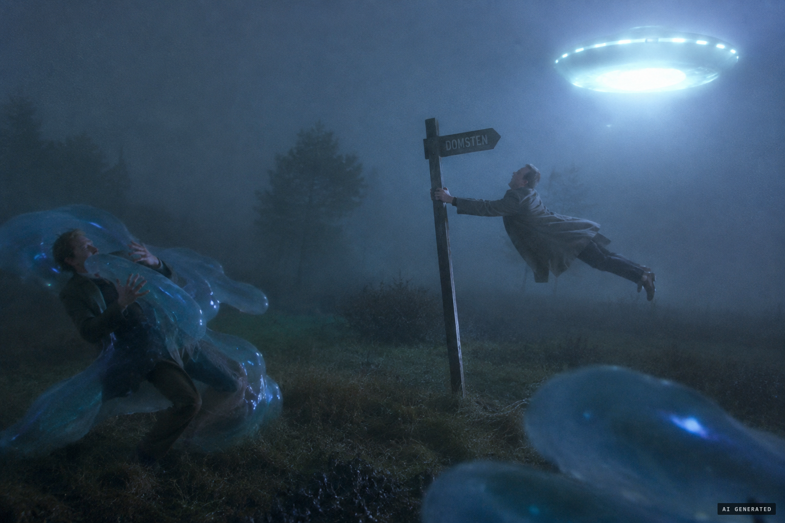 The creatures pull the men toward the craft; Gustafsson clings to the signpost