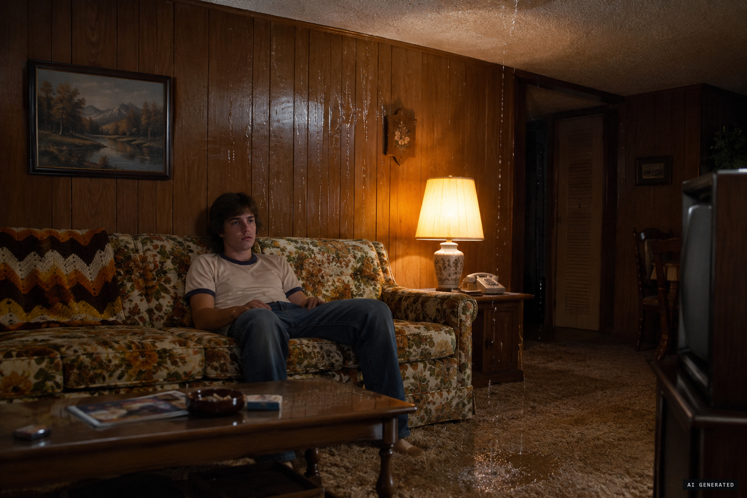 Decker sits in a trance as water begins dripping from the walls and ceiling