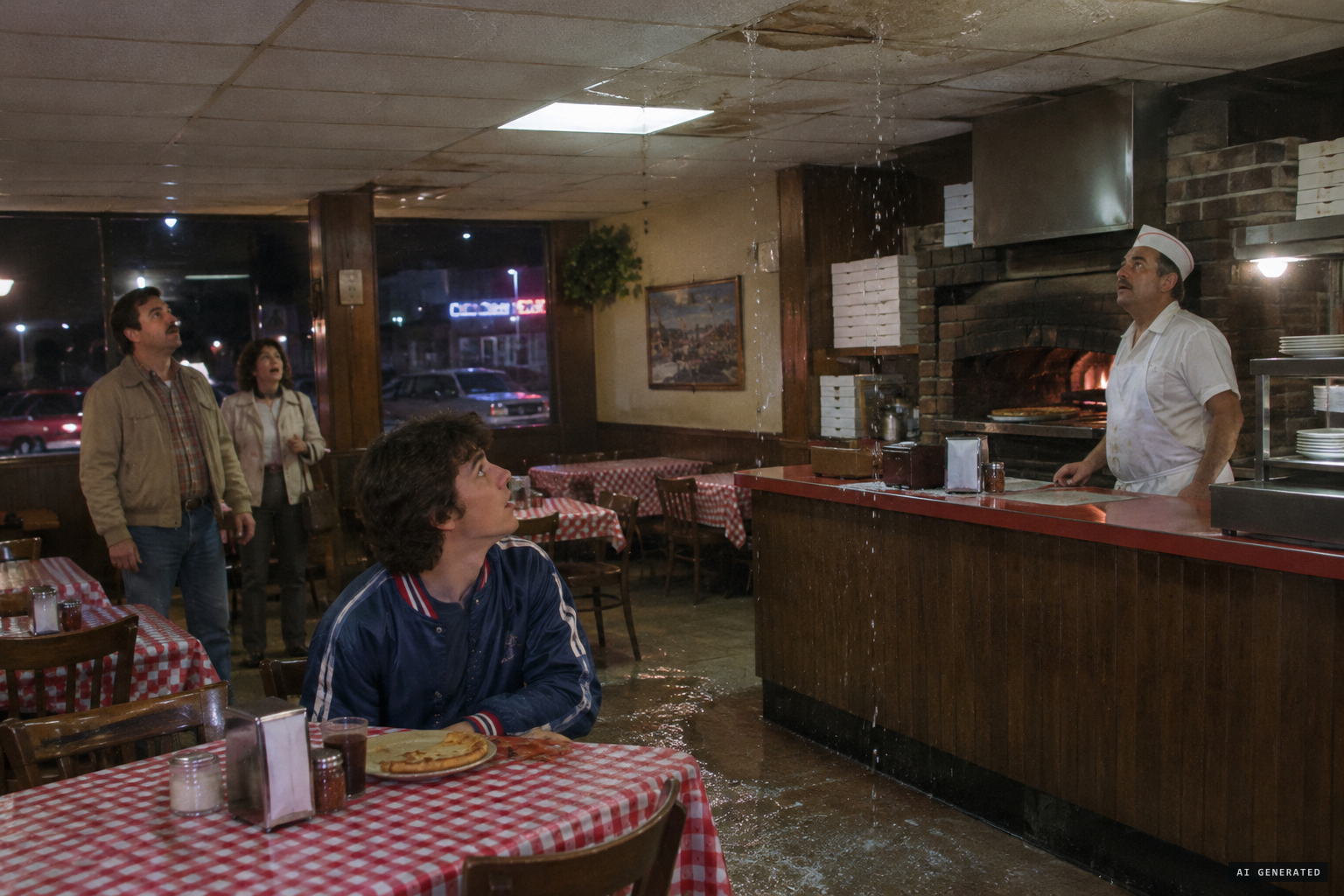 At a nearby pizzeria, water drips from the ceiling around Decker