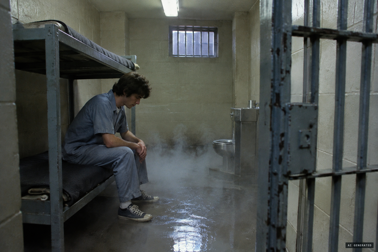 In his jail cell, water comes out of the concrete floor