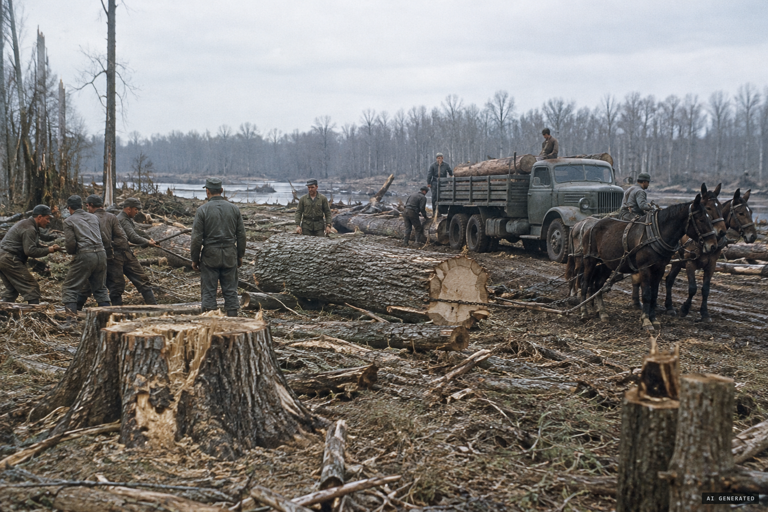 Prisoners of war cut the old forest for Chicago Mill and Lumber