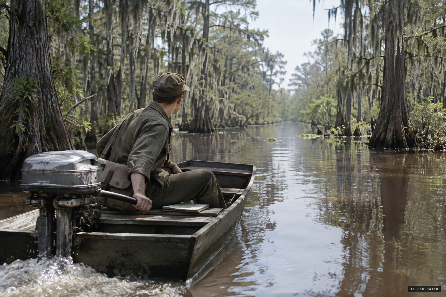 Eckelberry travels upriver past Alligator Bayou toward the roost tree