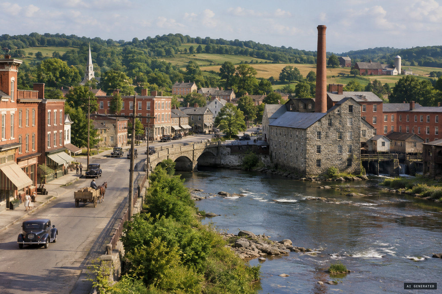 Downingtown on the East Branch Brandywine Creek, among hills, fields and mill villages