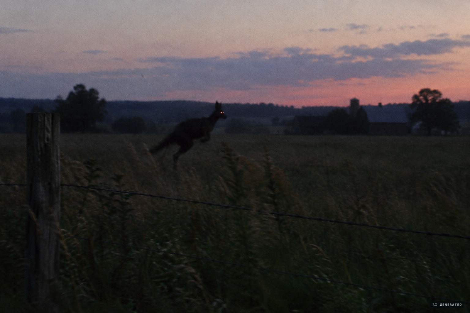 A bounding critter with huge red eyes, leaping through the dark