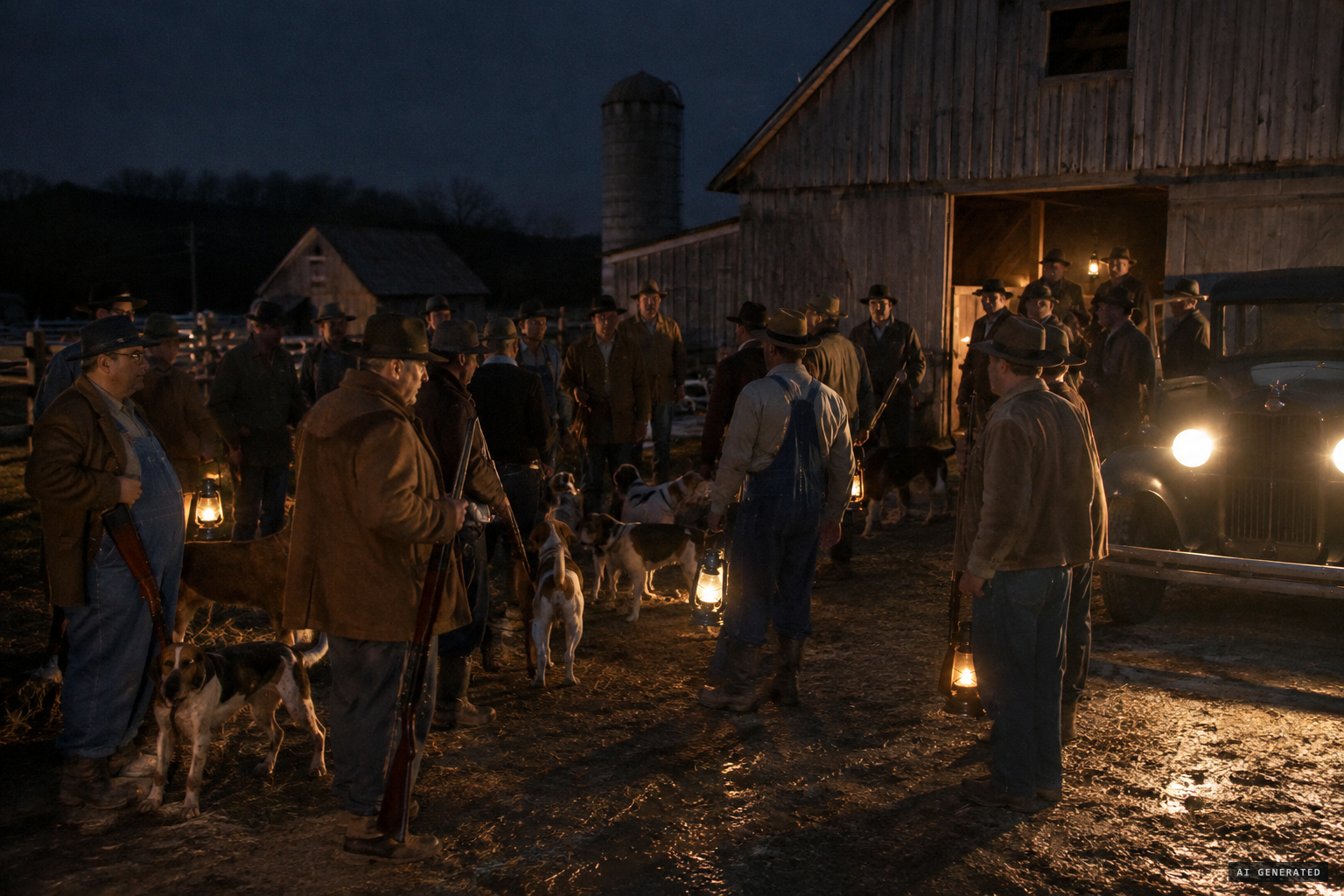 A hastily-formed posse of farmers with guns, clubs and dogs