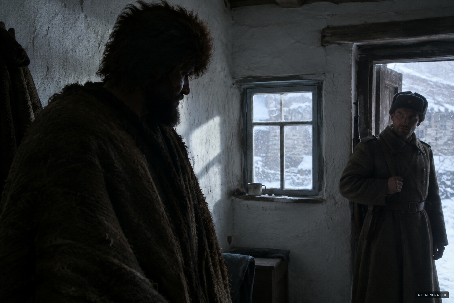 The prisoner: naked, barefoot, chest and shoulders covered in bear-like dark brown hair