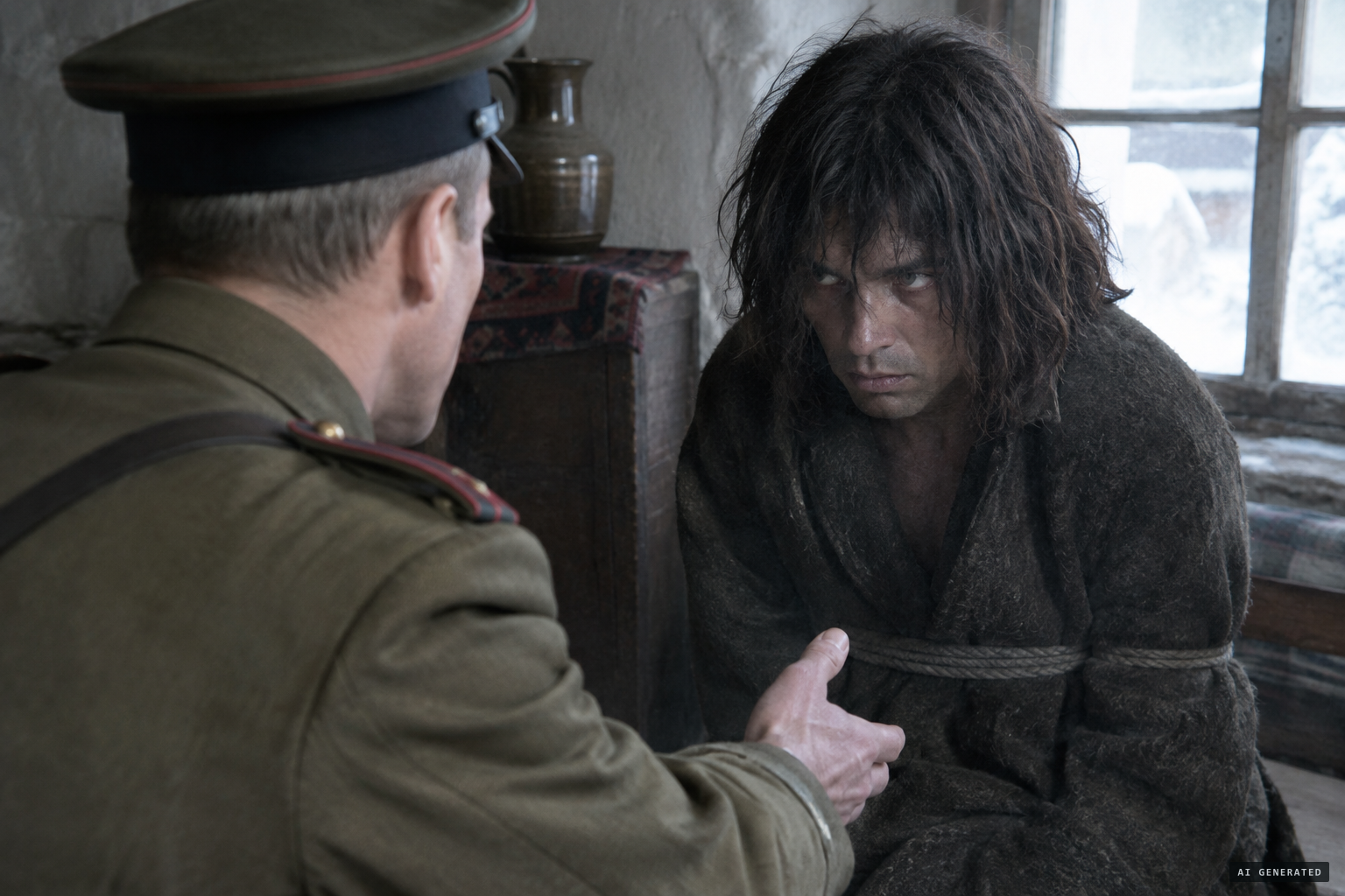 Karapetyan offers his hand and says hello; the captive's eyes tell him nothing