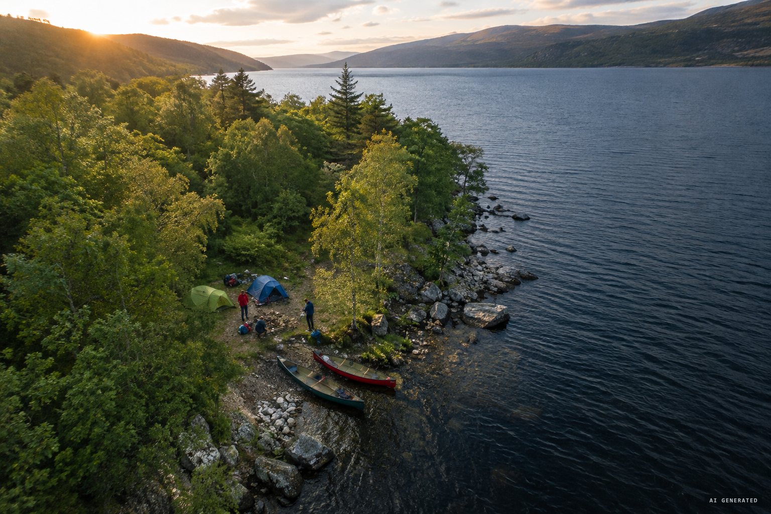 Day 3: the canoes moored on the south shore as the drone records from above