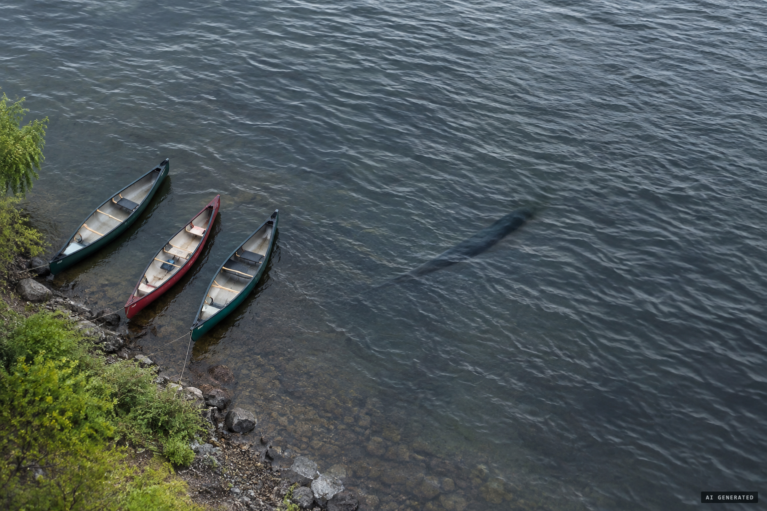 At 3:50, a long, thin form beneath the surface appears to approach the canoes