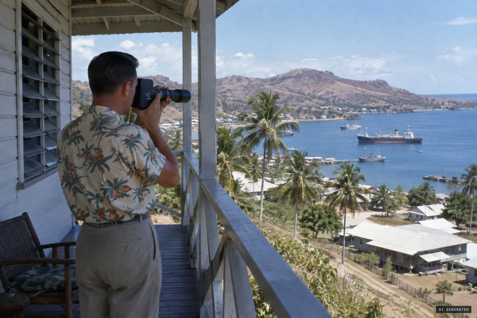Tom Drury, Deputy Director of Civil Aviation, and his telephoto-fitted 8mm movie camera