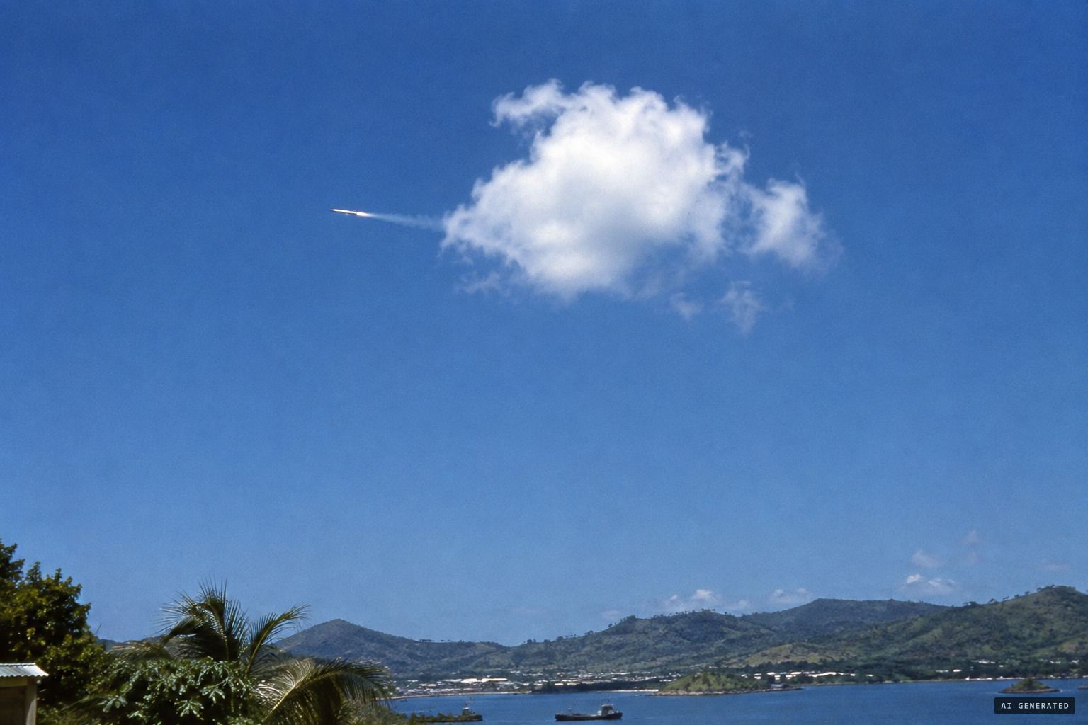 A small silver dart bursts from the side of the cloud, flashing in the sun
