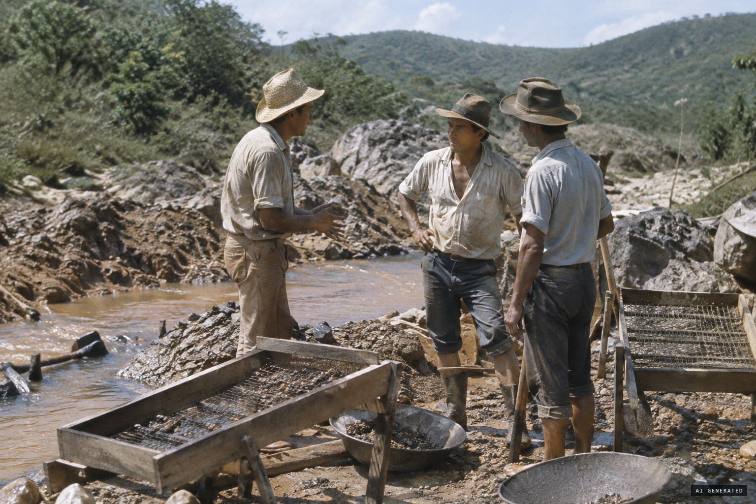 Rivalino tells two fellow prospectors about small beings digging near his house
