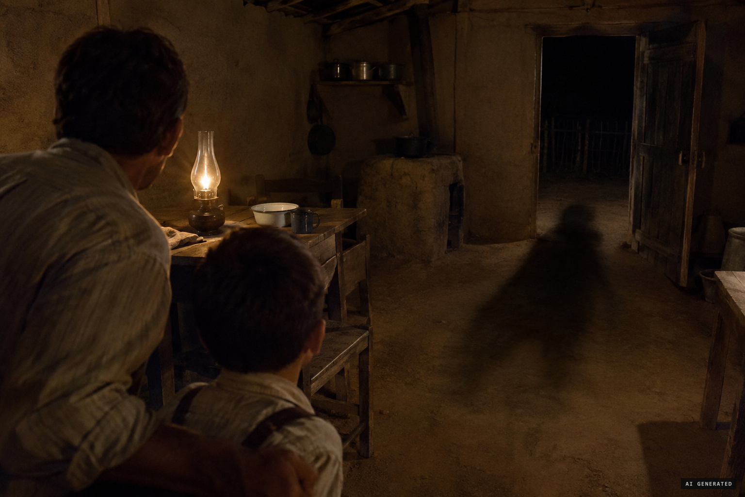A dark, indefinable shadow slides silently across the kitchen