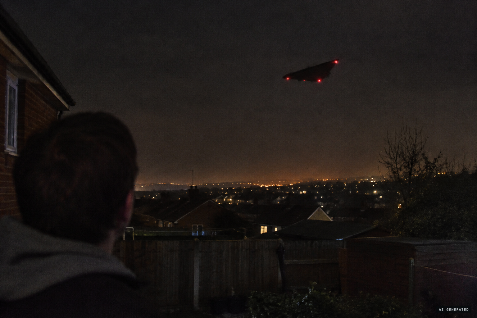 Over Halesowen, a 'huge Dorito' with red lights underneath heads towards Stourbridge