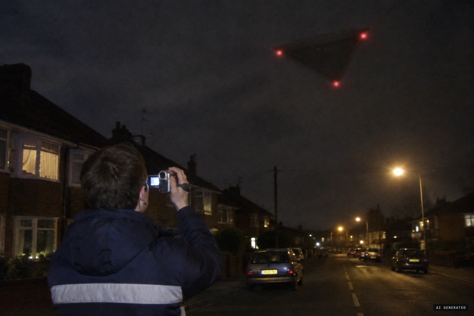 In Quinton, a local UFO group founder films an enormous triangle with three red lights