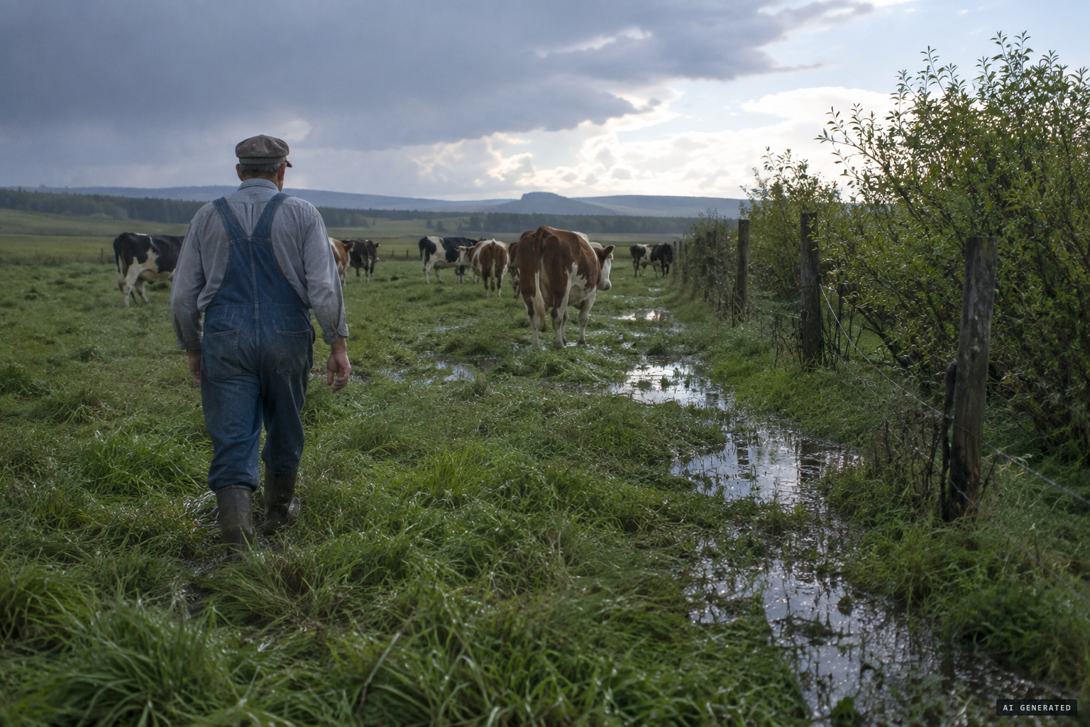 Mr. Schielke goes to fetch cows that did not come home after a night of rain