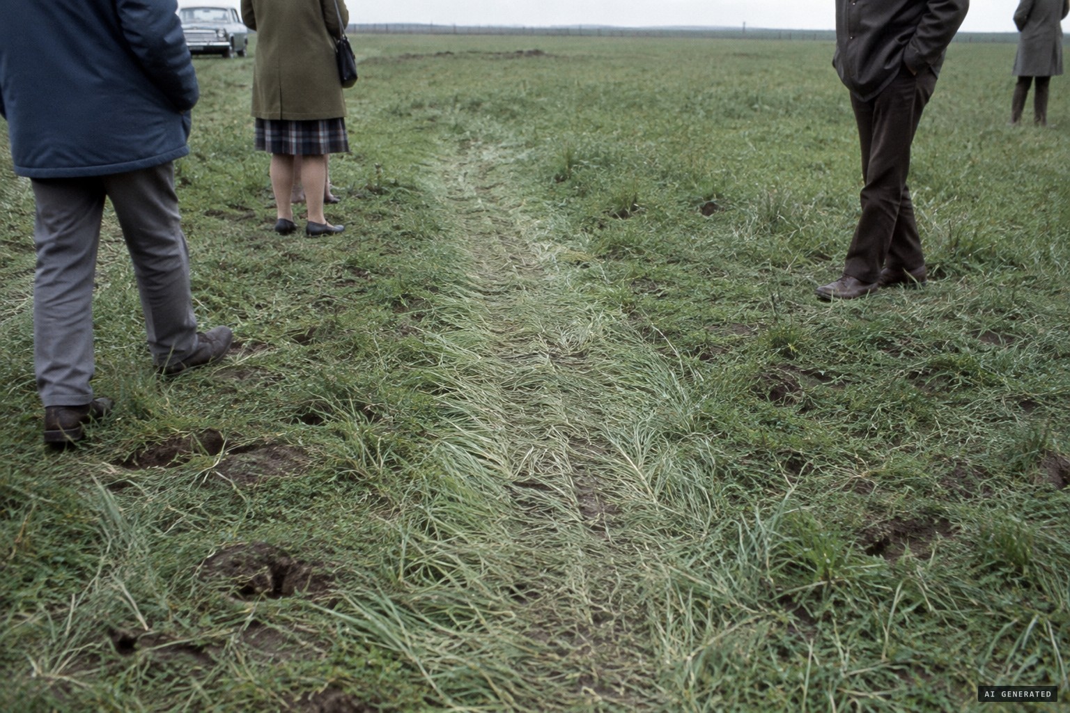 Tire-like tread marks on small portions of the circles, in a trampled field