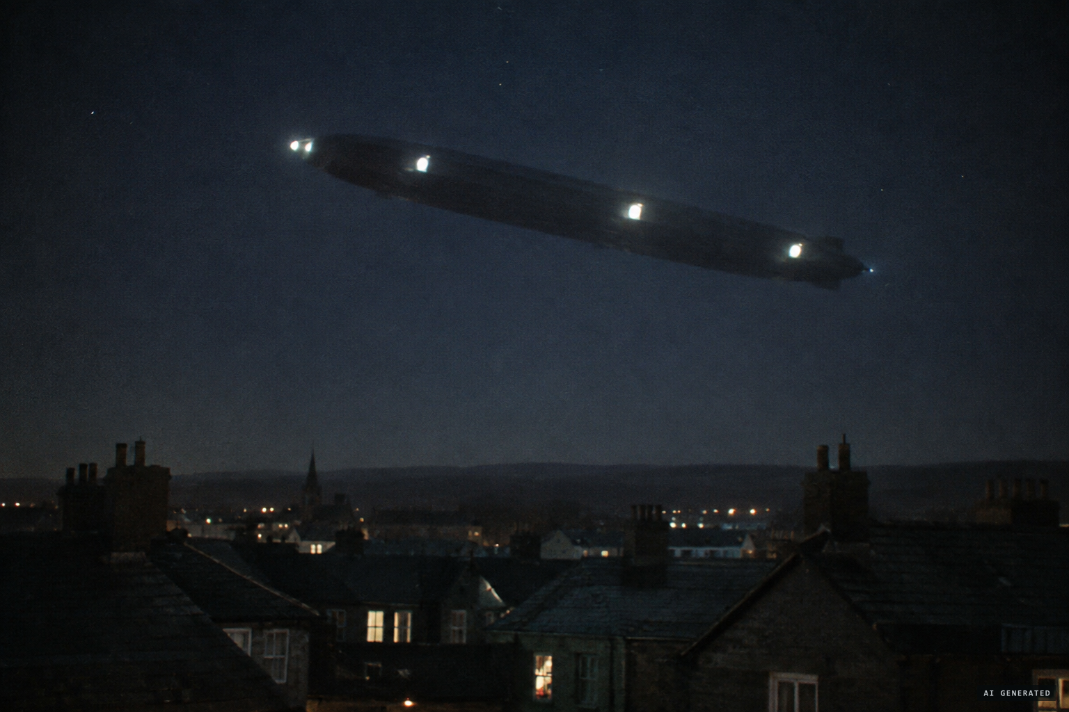 An airship-like shape, lit in six places, hanging at 500 feet