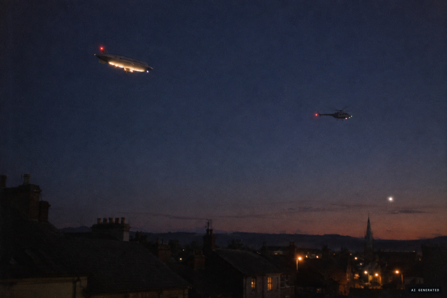 Untested possibilities: a lit airship, an aircraft, or bright planets