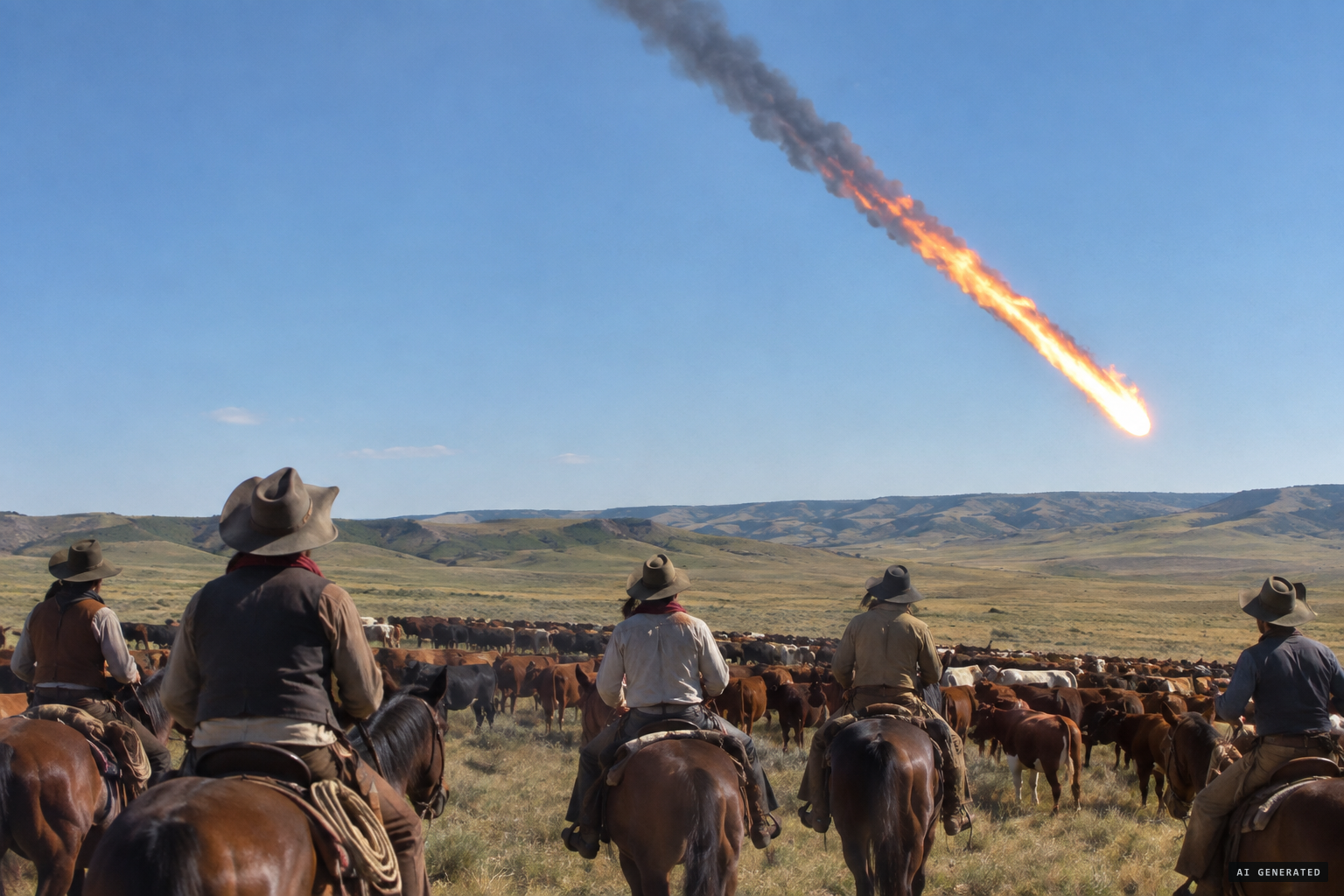 Rancher Ellis and his cowboys see a blazing meteor of immense size falling