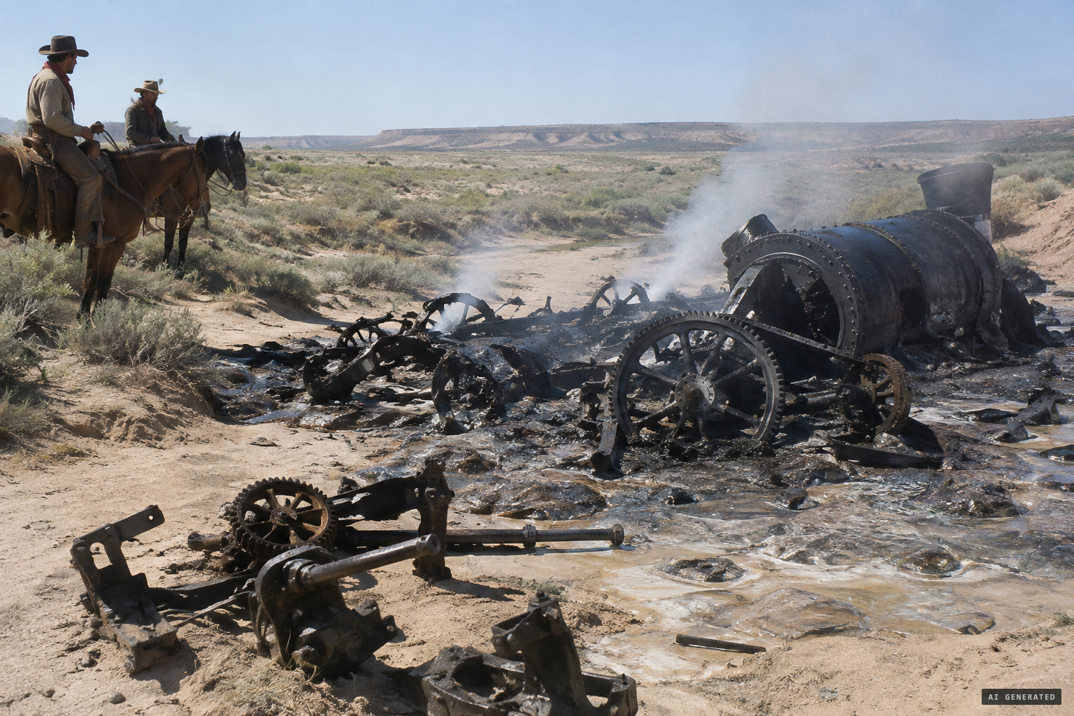 Cog-wheels and machinery too hot to approach, over fused sand