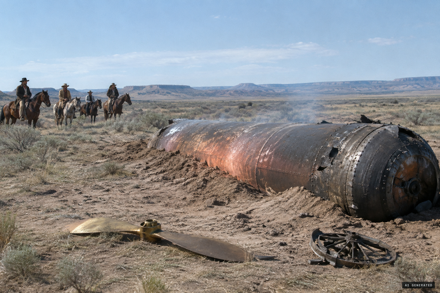 A cylinder fifty or sixty feet long, with a propeller blade and a wheel fragment