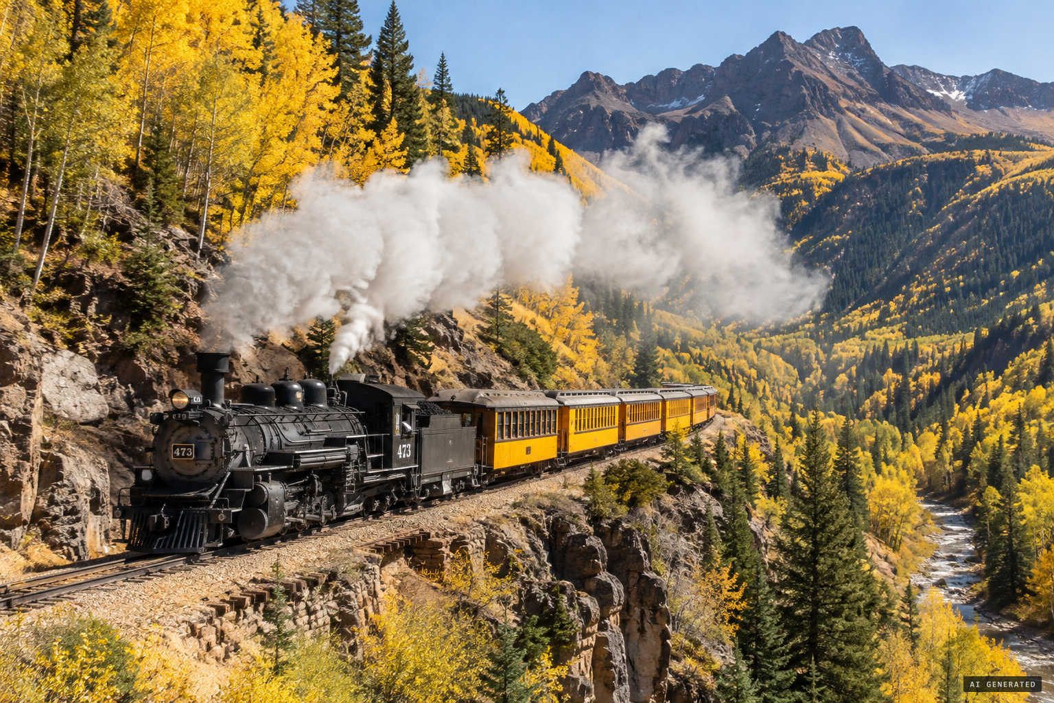 The Durango & Silverton train leaves Silverton on an October afternoon