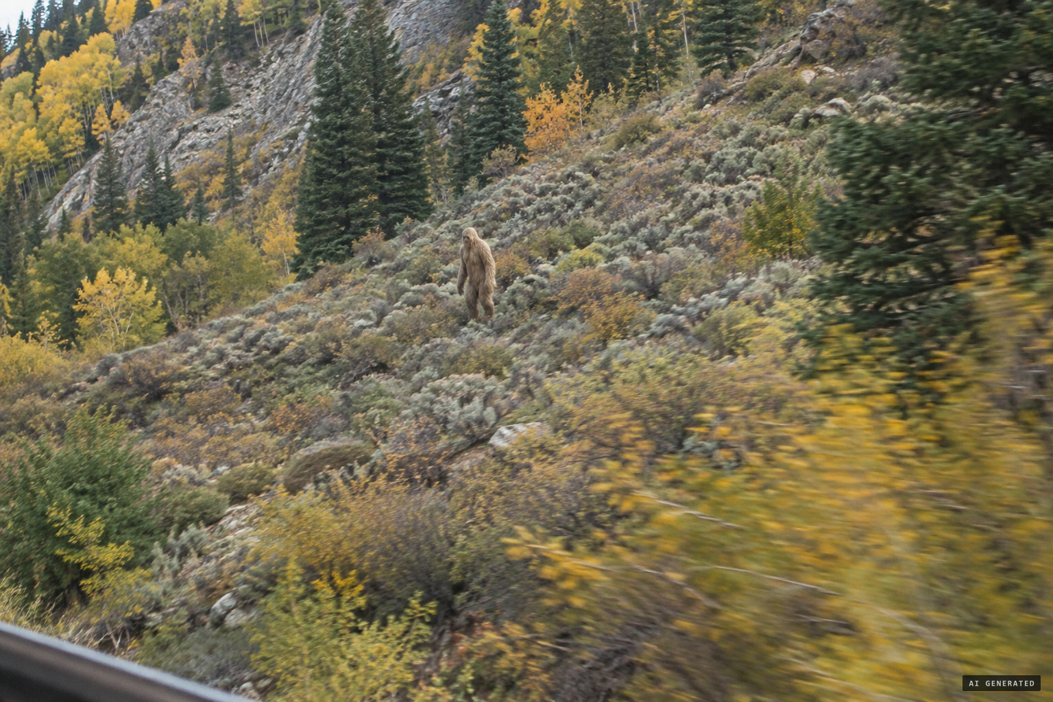 A tall figure with arms reaching its knees on the mountainside