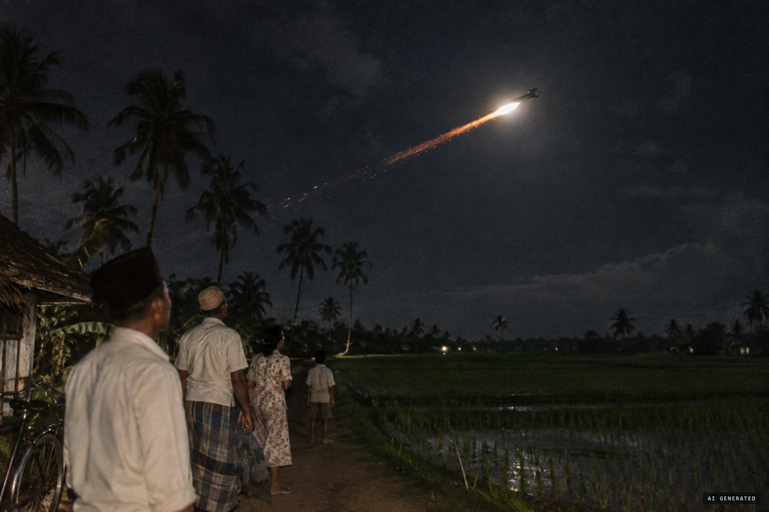 A black object with a fiery tail longer than a jet's exhaust flame and a bright light beneath