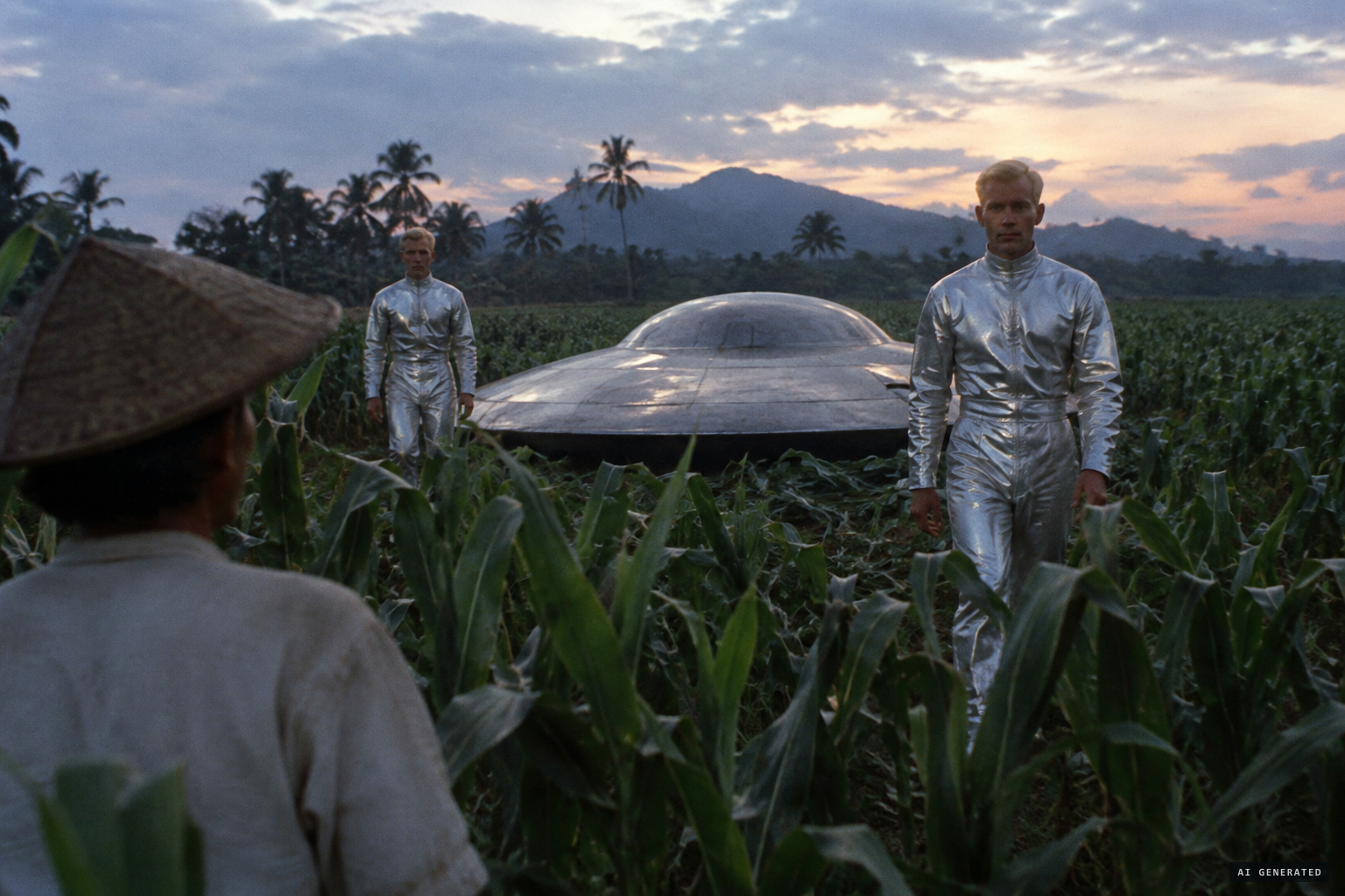 A farmer reportedly sees a round object land and two blond strangers in silvery clothes step out