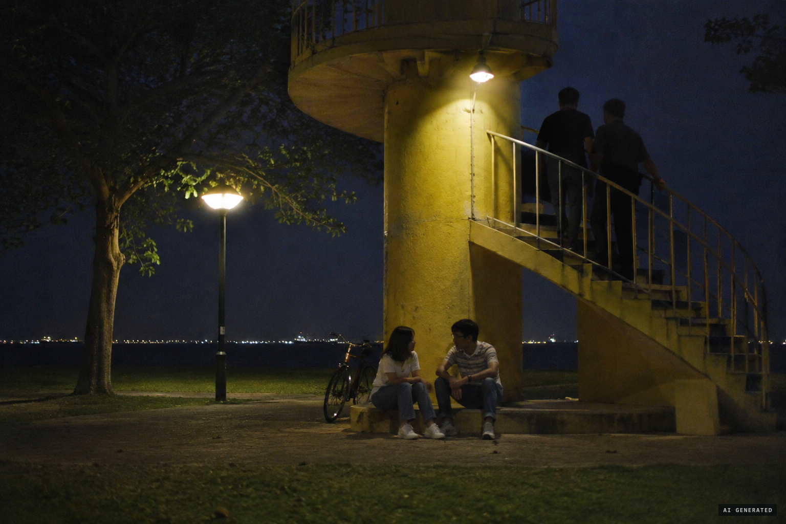 Two men walk past the couple, up toward the upper level