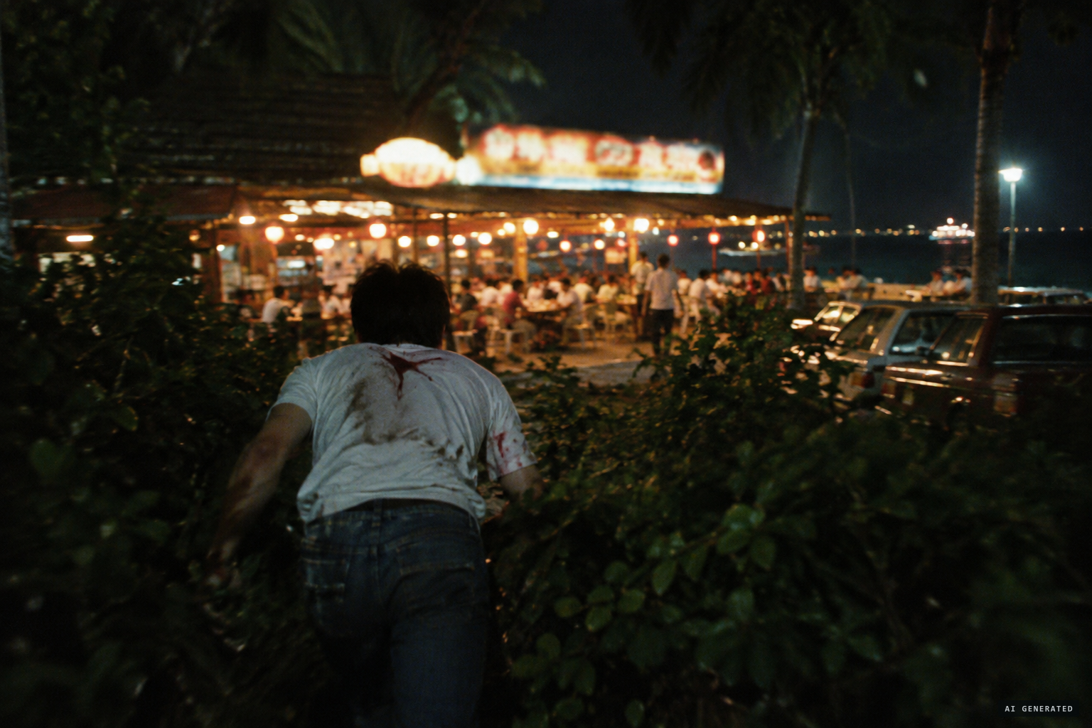 Soh makes his way through the bushes to the Singa Inn Seafood Restaurant