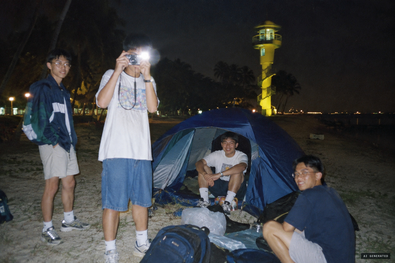 Lee Teng and friends camp near the tower and take photos at night