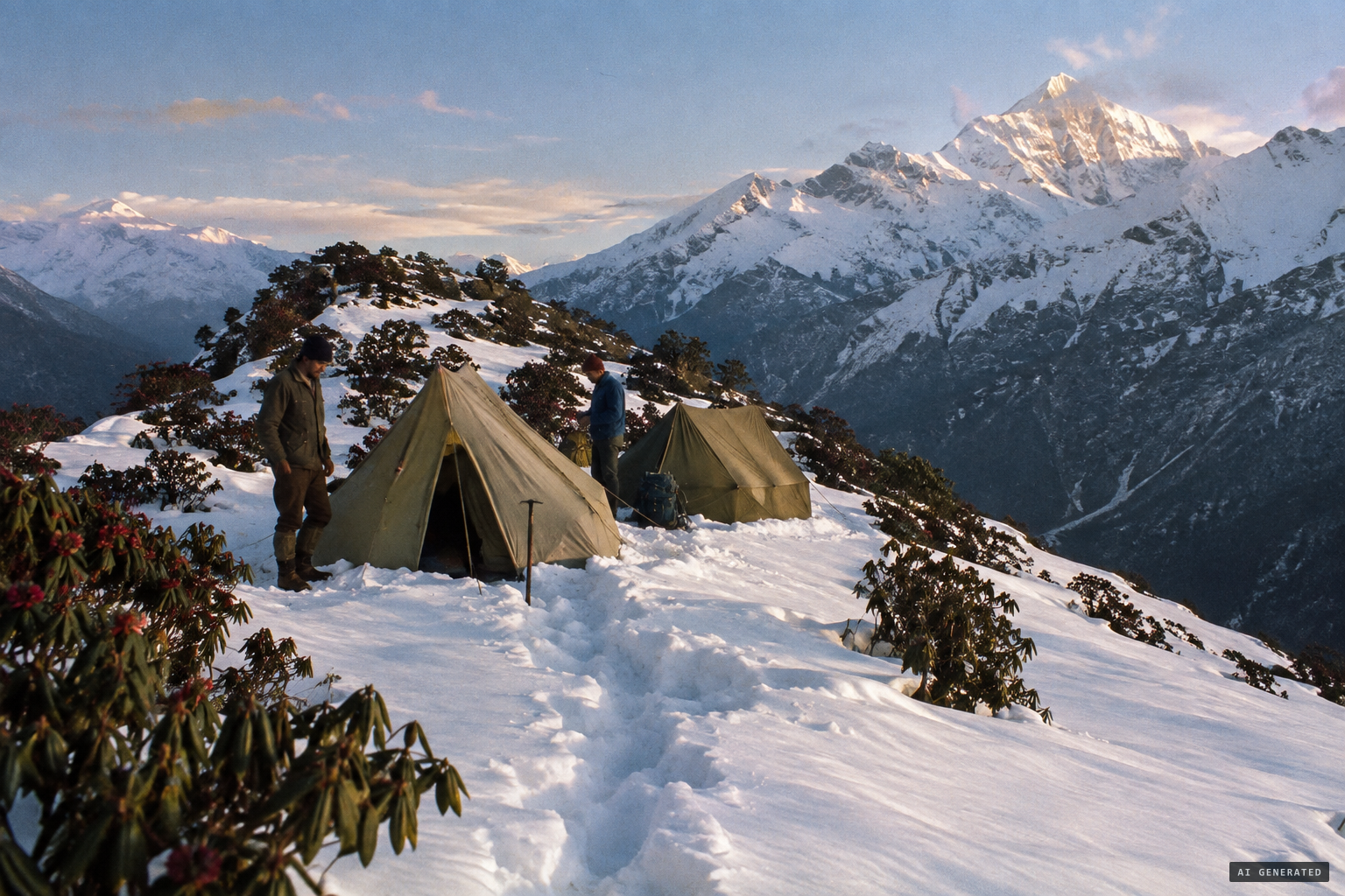 Two tents pitched in the snow on a ridge off the Kongmaa La, December 1972