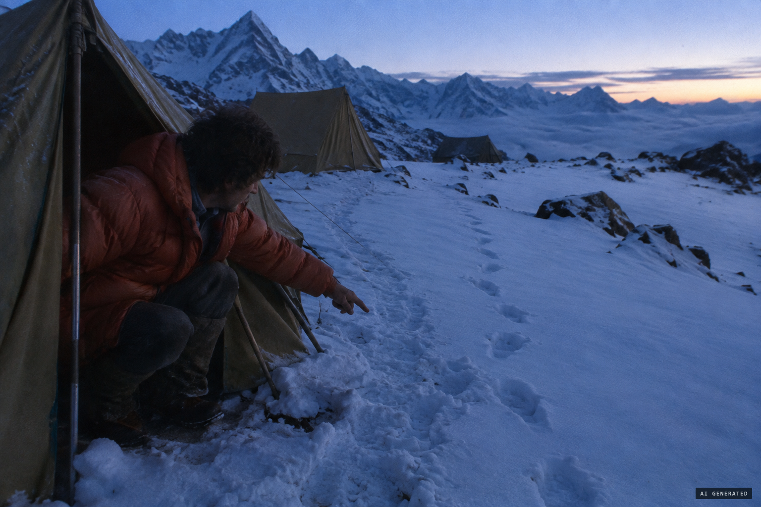 Before dawn, Emery finds a new set of footprints beside the tent trail