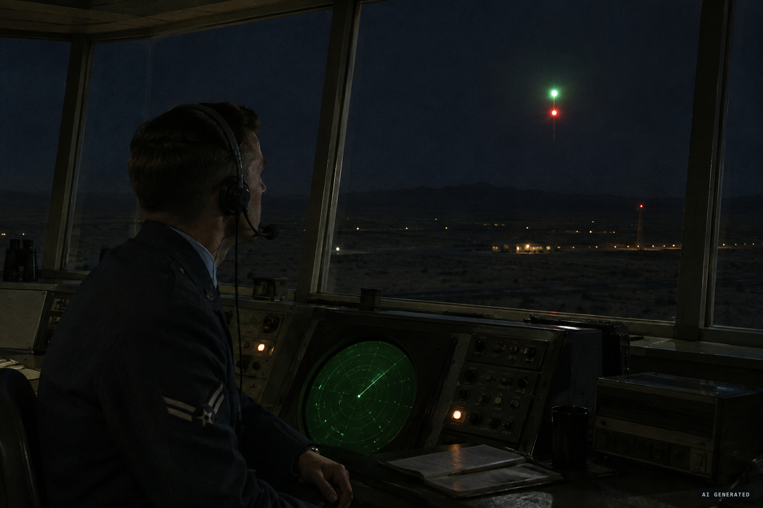 From the tower: a flashing red light below a glowing green one