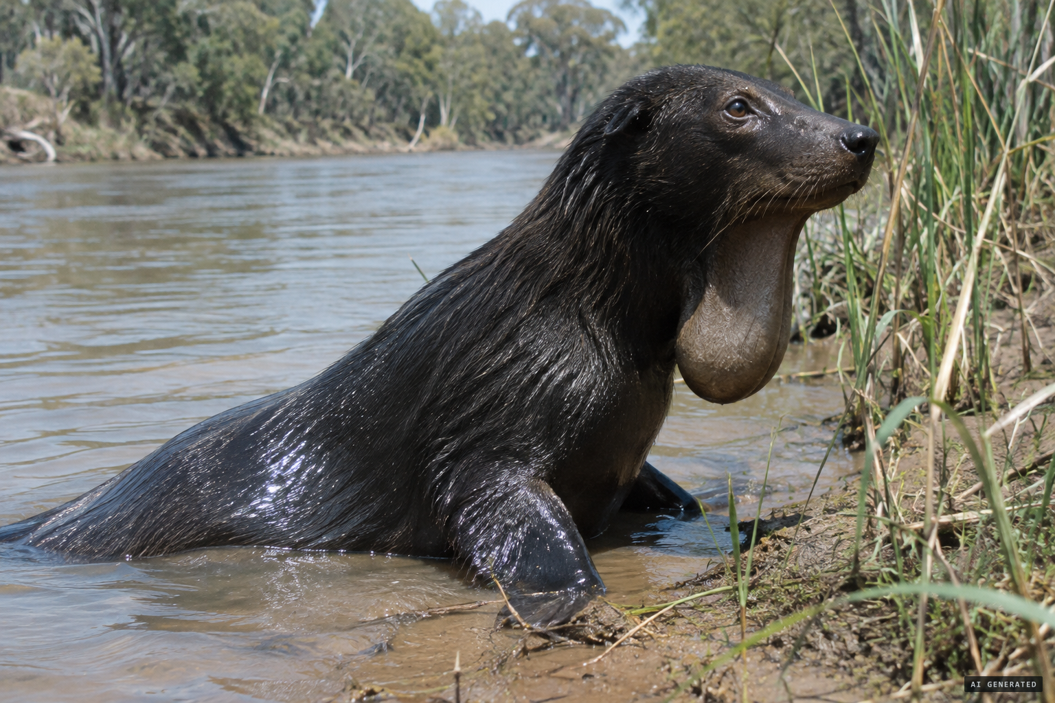 A large freshwater seal with a dog's head and a pouch under the jaw