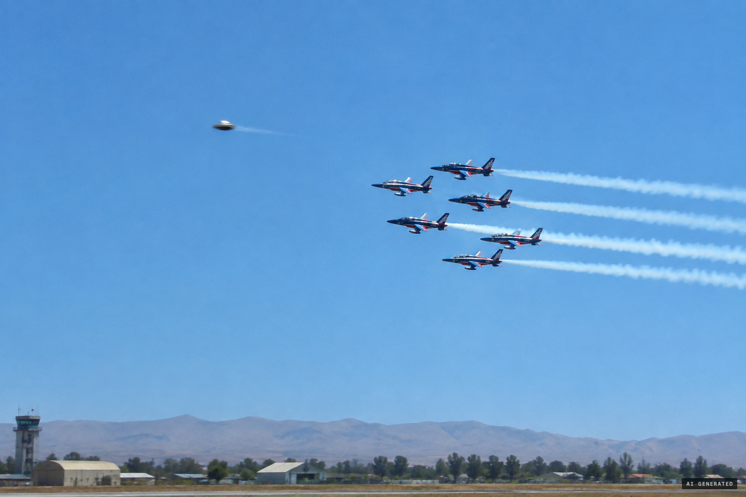 A metallic dome-shaped object zooms toward the jets