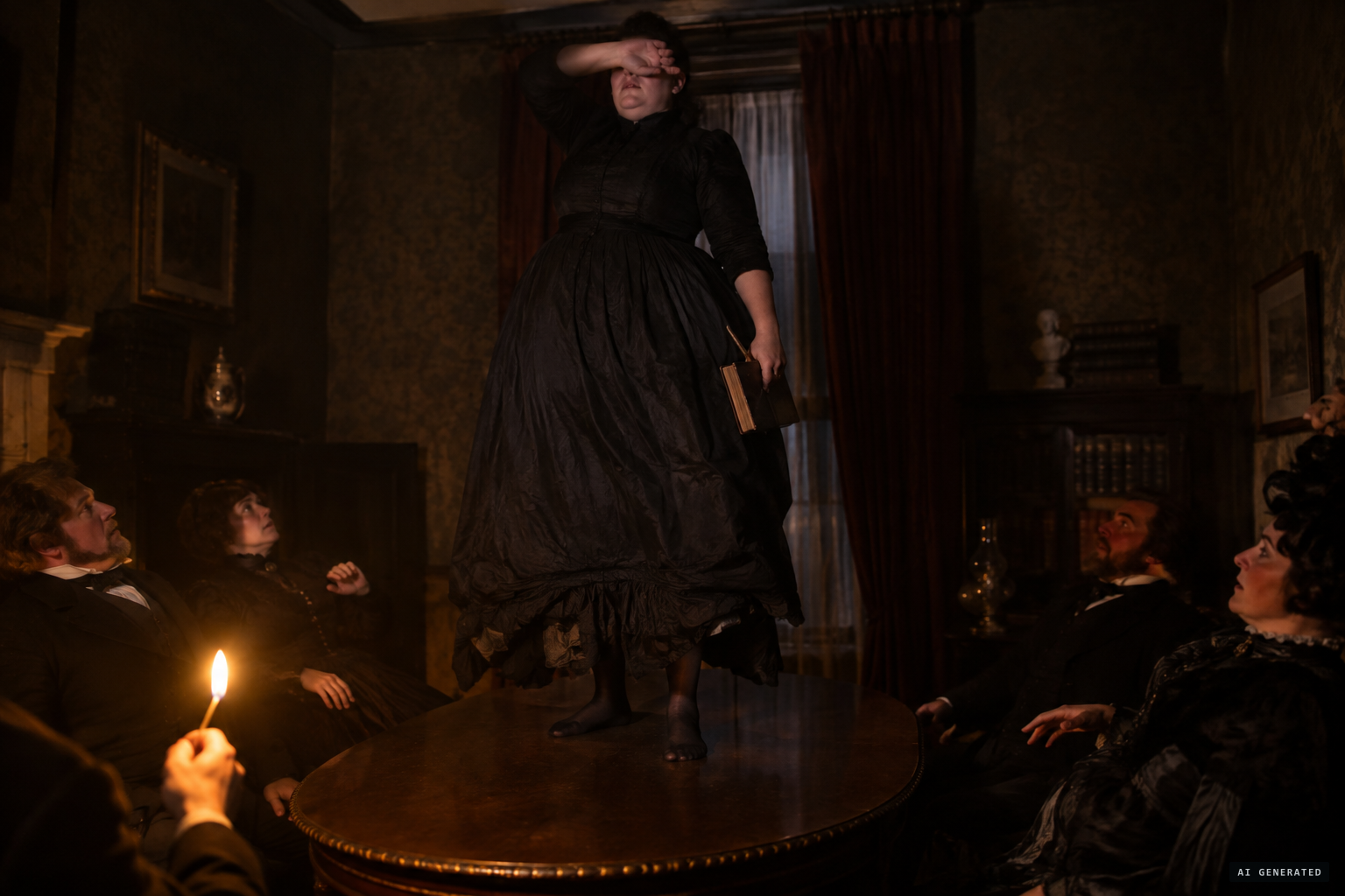 By match light, Mrs Guppy stands trembling on the table