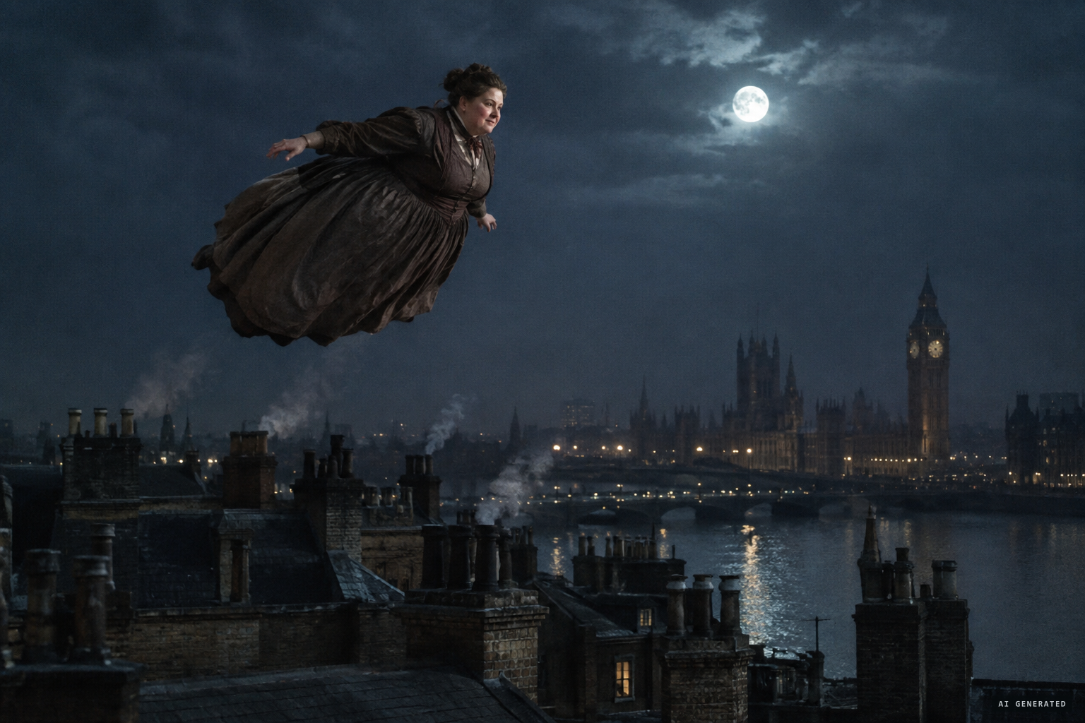 Maskelyne's cartoon of Mrs Guppy flying over London
