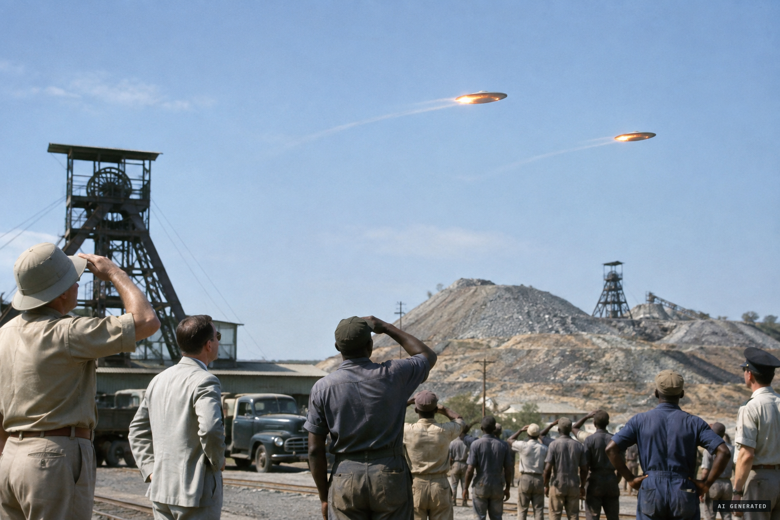 Two fiery disks glide in curves over the uranium mines