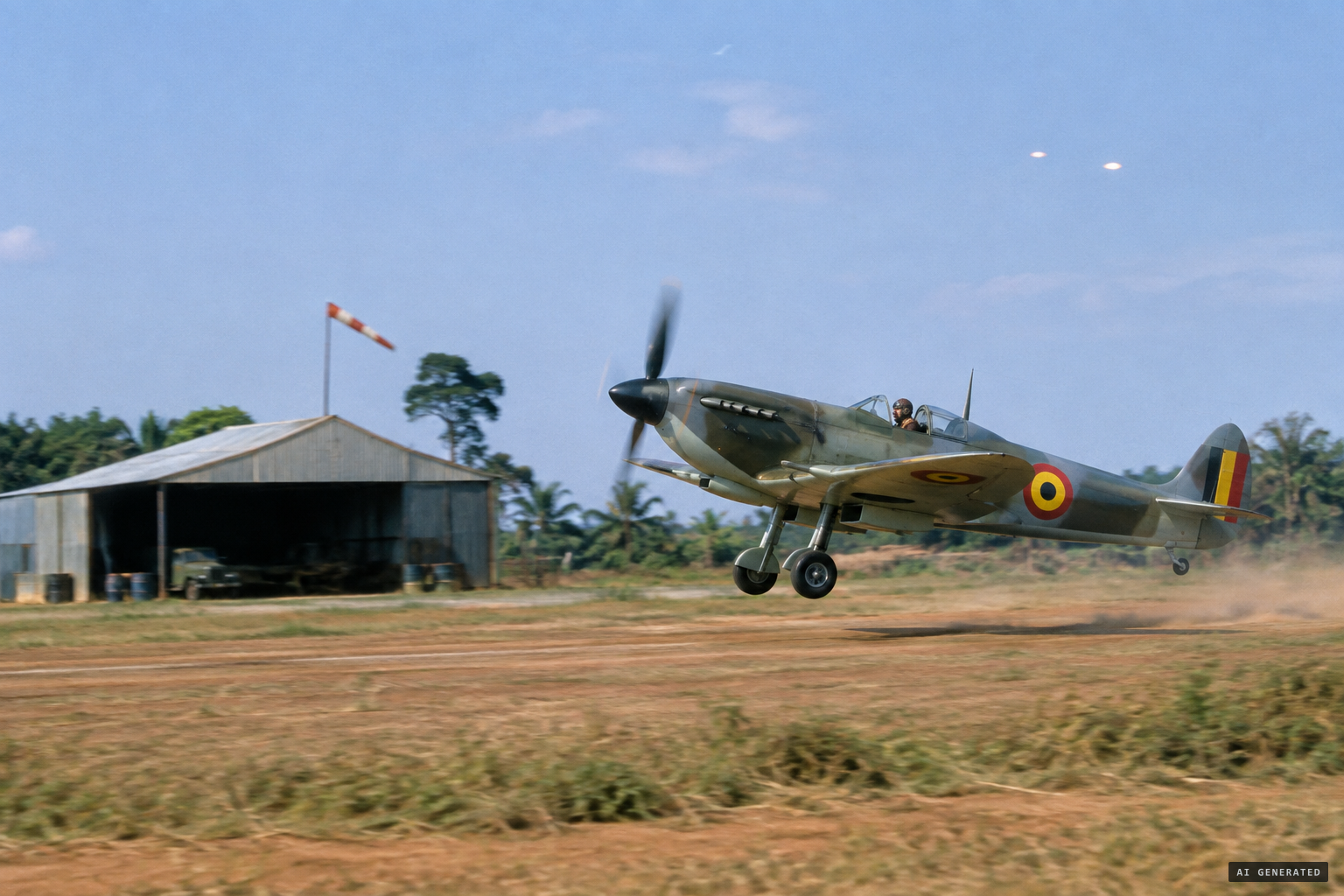 Commander Pierre takes off in a fighter plane after the disks