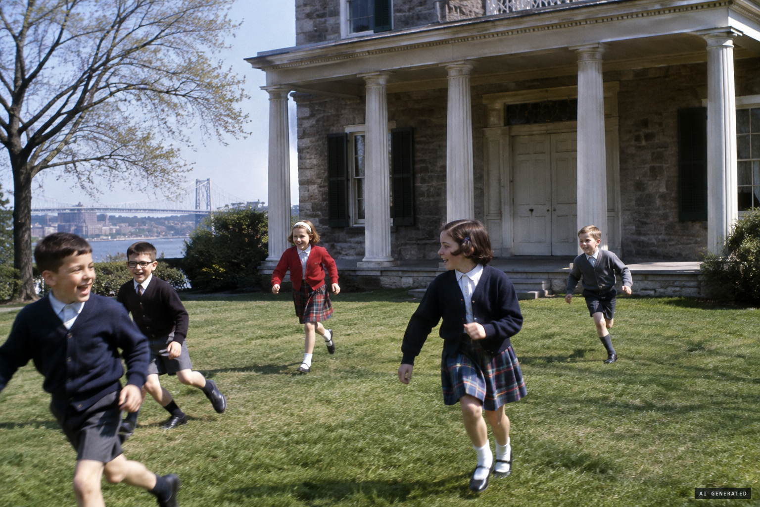 A noisy school group waits on the lawn before the museum opens