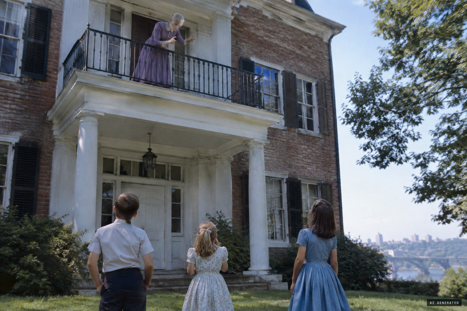 A woman comes out onto the balcony and yells at the children to be quiet