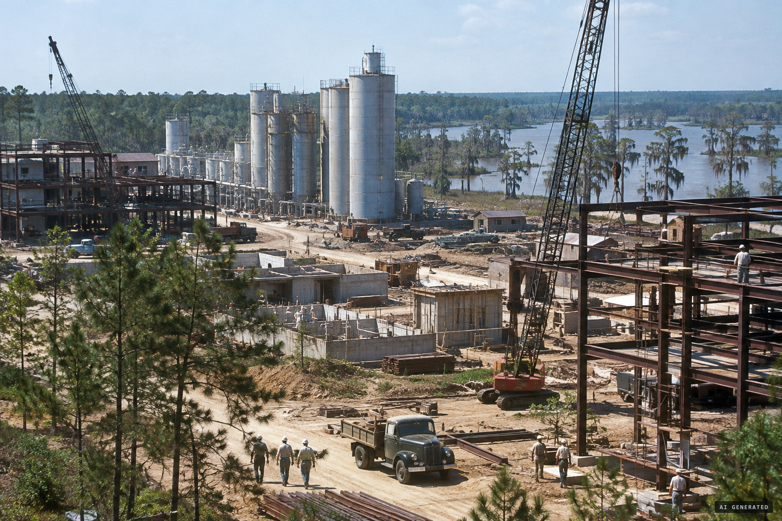 The Savannah River Plant rising near Ellenton, with the tall tanks of the 400 Area