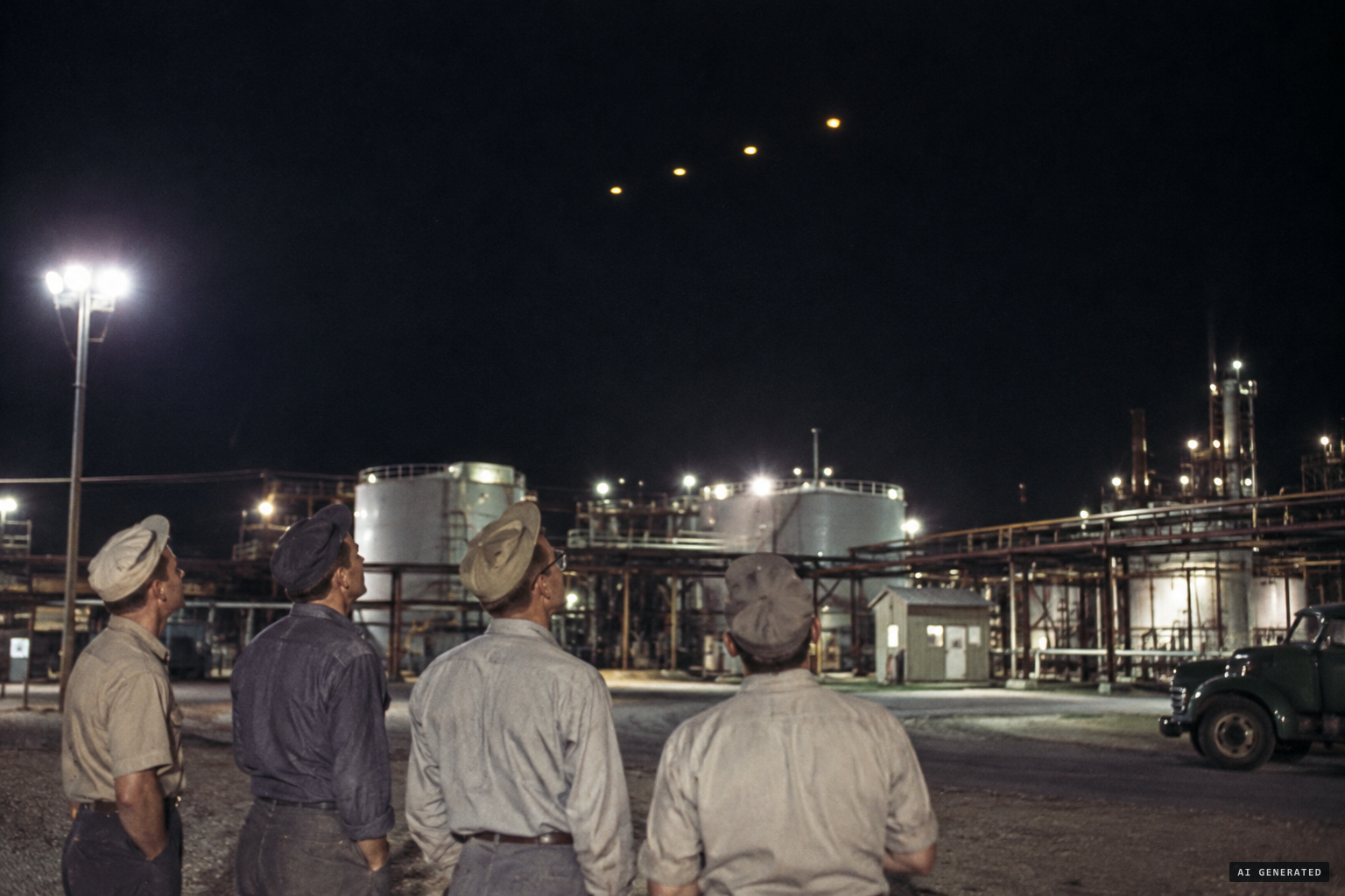 Four DuPont employees watch four yellow-gold discs cross the 400 Area